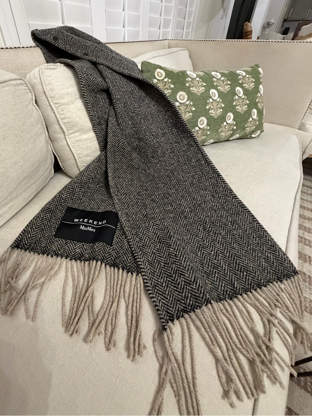 MaxMara Weekend Black and Tan Herringbone Tweed Wool Blend Scarf